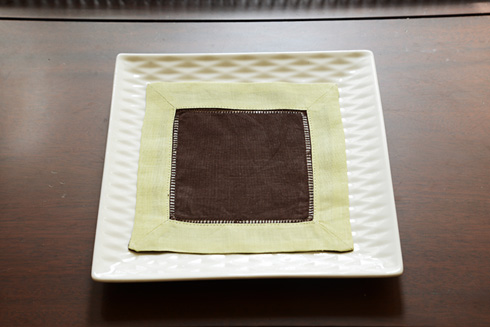 Multi Colored Hemstitch Cocktail Napkin.Chocolate & Mellow Green